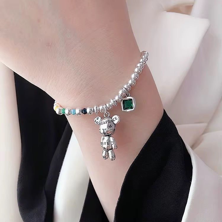 Cute Teddy Charm Bracelet with Green Gem - bellissi