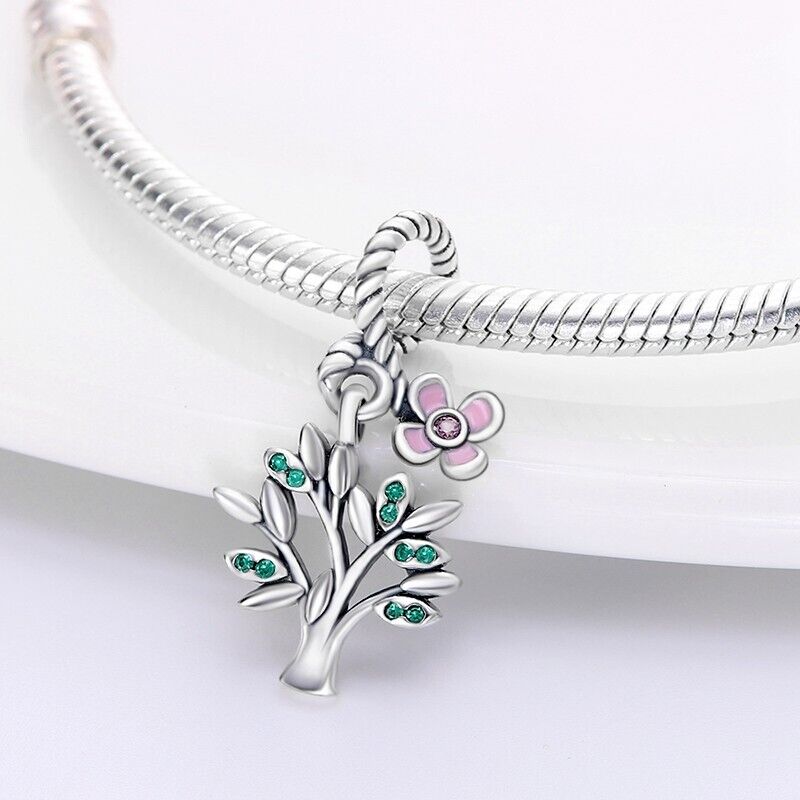 Family Tree & Pink Flower Dangle Charm - bellissi