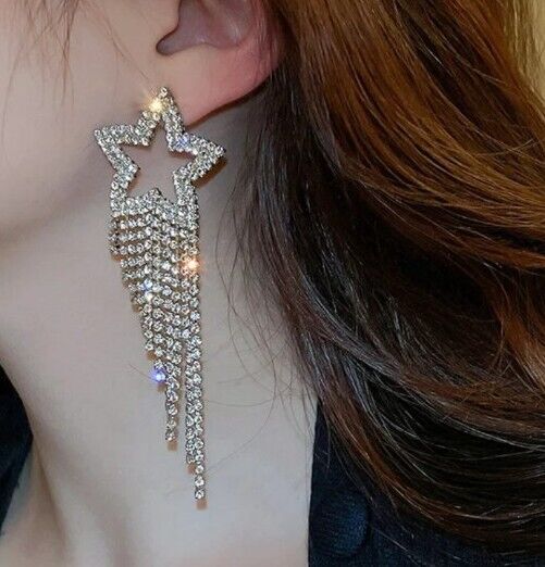 Fashion Cubic Zirconia Star Tassel Stud Earrings - bellissi