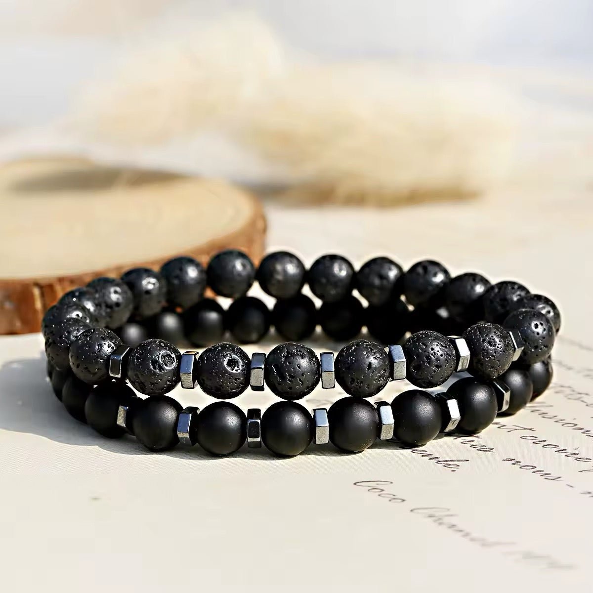 Frosted Black Bead Volcanic Stone Men’s Bracelet - bellissi