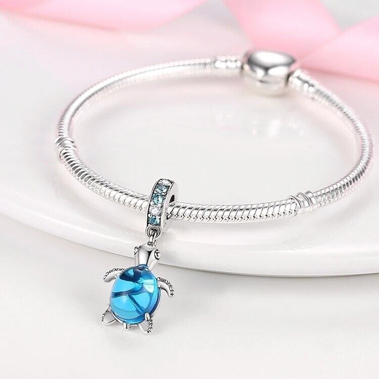 Glitter Blue Murano Glass Sea Ocean Turtle Charm - bellissi