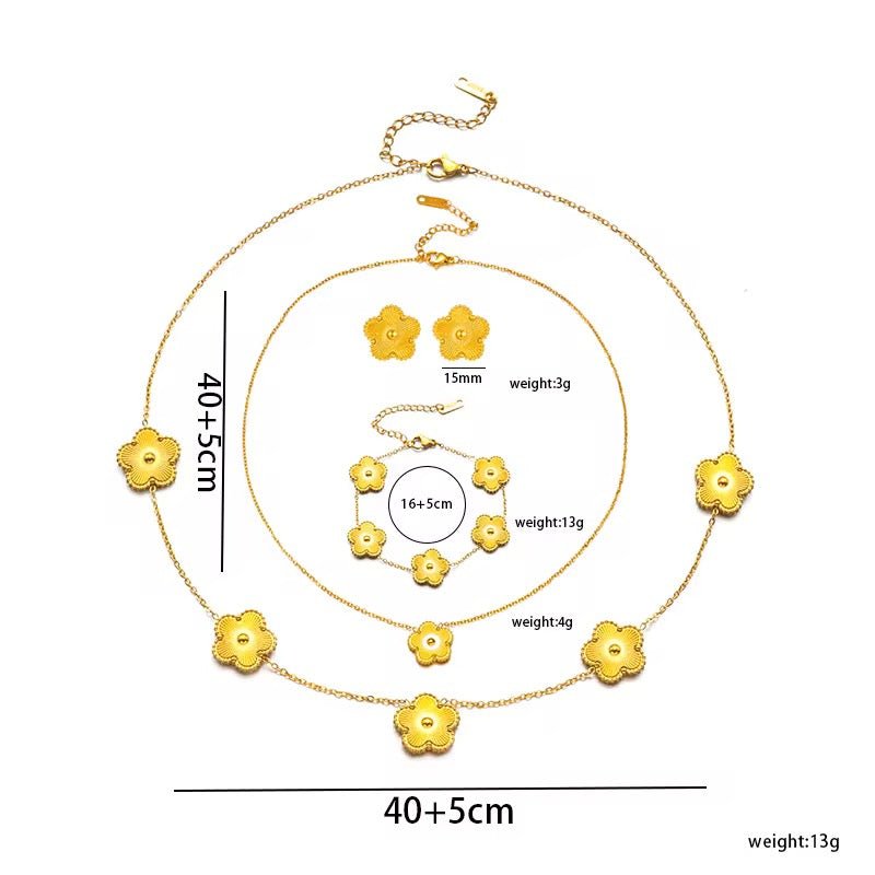 Gold Clover Flower Necklace Bracelet & Earrings - bellissi
