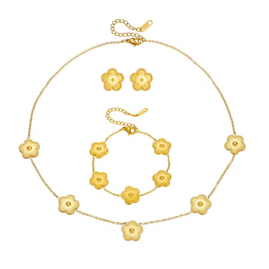 Gold Clover Flower Necklace Bracelet & Earrings - bellissi