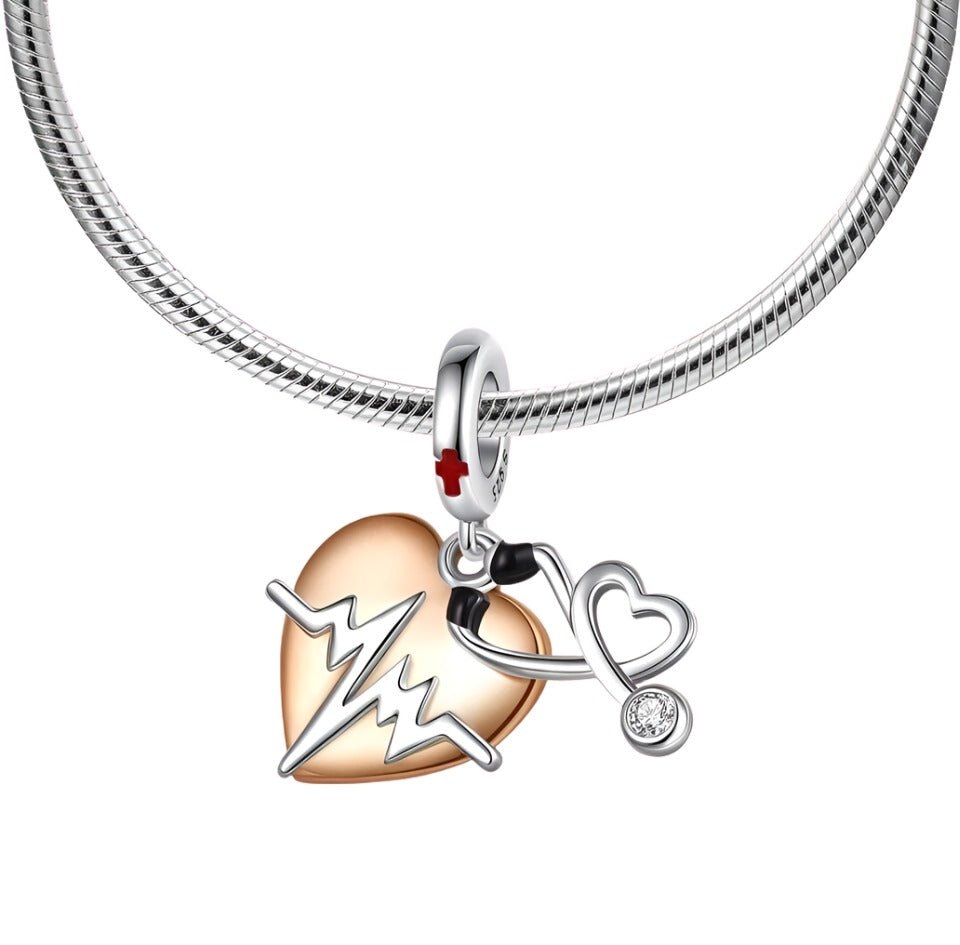 Golden Heart & Stethoscop Dangle Charm - bellissi