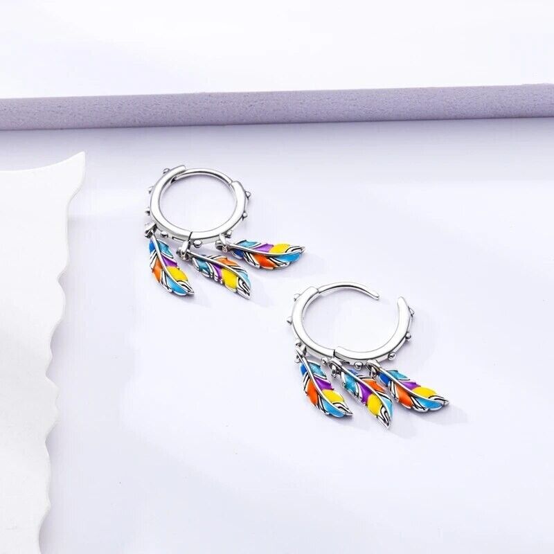 Hoop Earrings Multicoloured Dangle Feather - bellissi