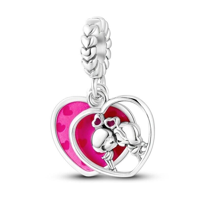 Kissing Couple Pink Heart Dangle - bellissi