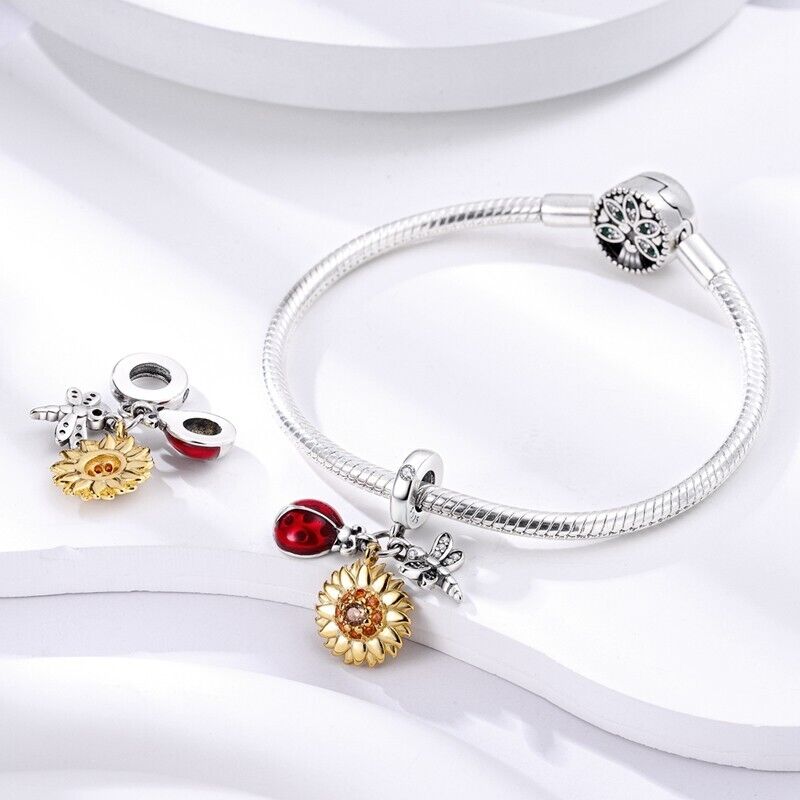 Ladybird Daisy Flower & Dragonfly Dangle Charm - bellissi