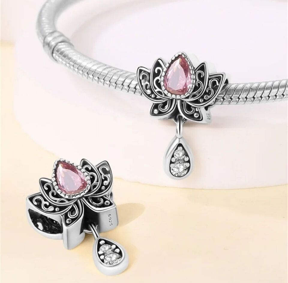 Lotus Flower With Pink Teardrop Zirconia Charm - bellissi