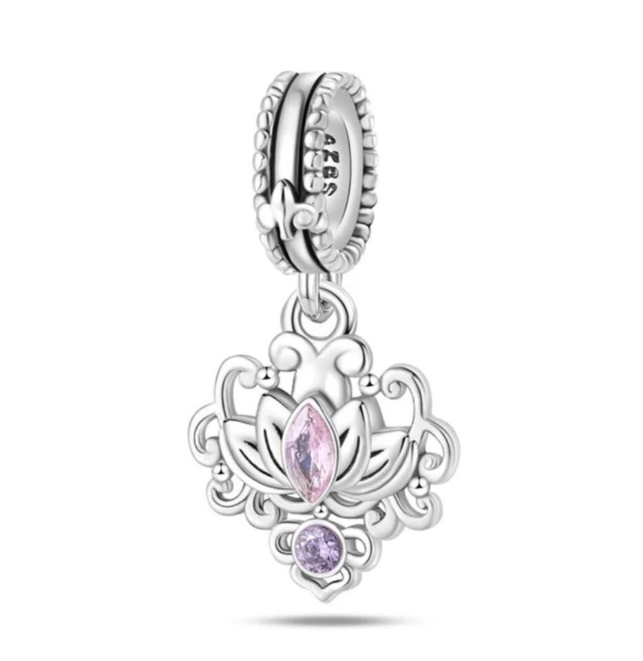 Lotus Flower With Pink Zirconia Dangle Charm - bellissi