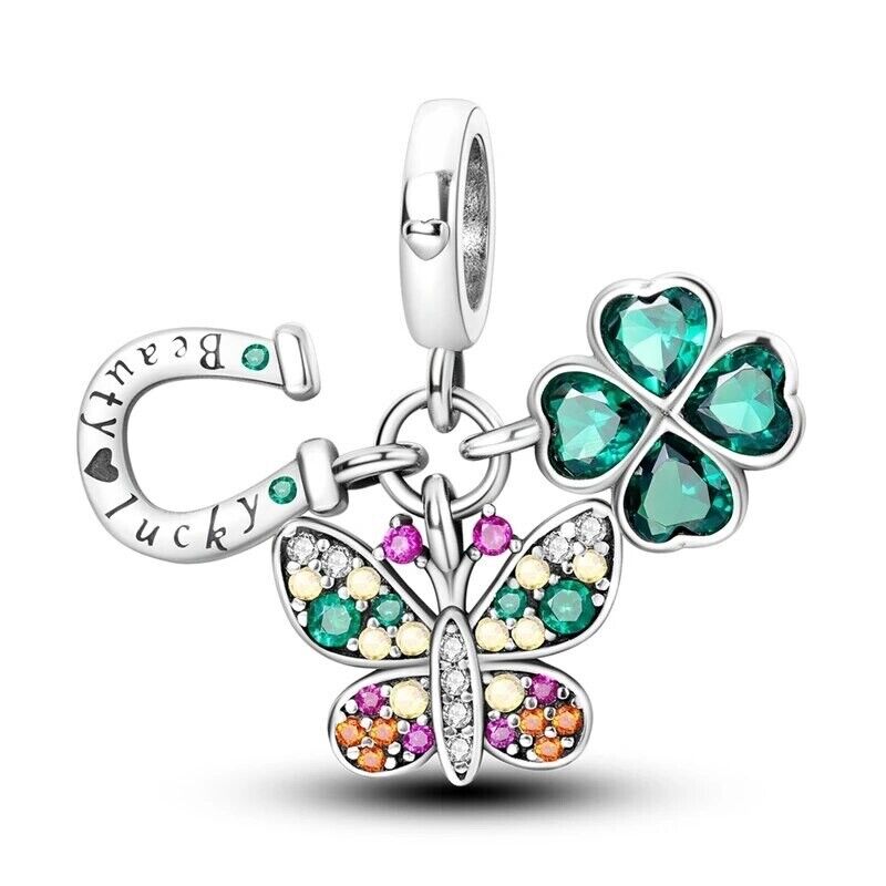 Lucky Horse Shoe & Lucky Clover Zircon Butterfly Dangle Charm - bellissi