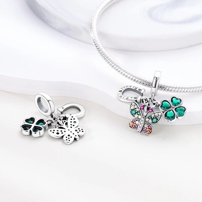 Lucky Horse Shoe & Lucky Clover Zircon Butterfly Dangle Charm - bellissi