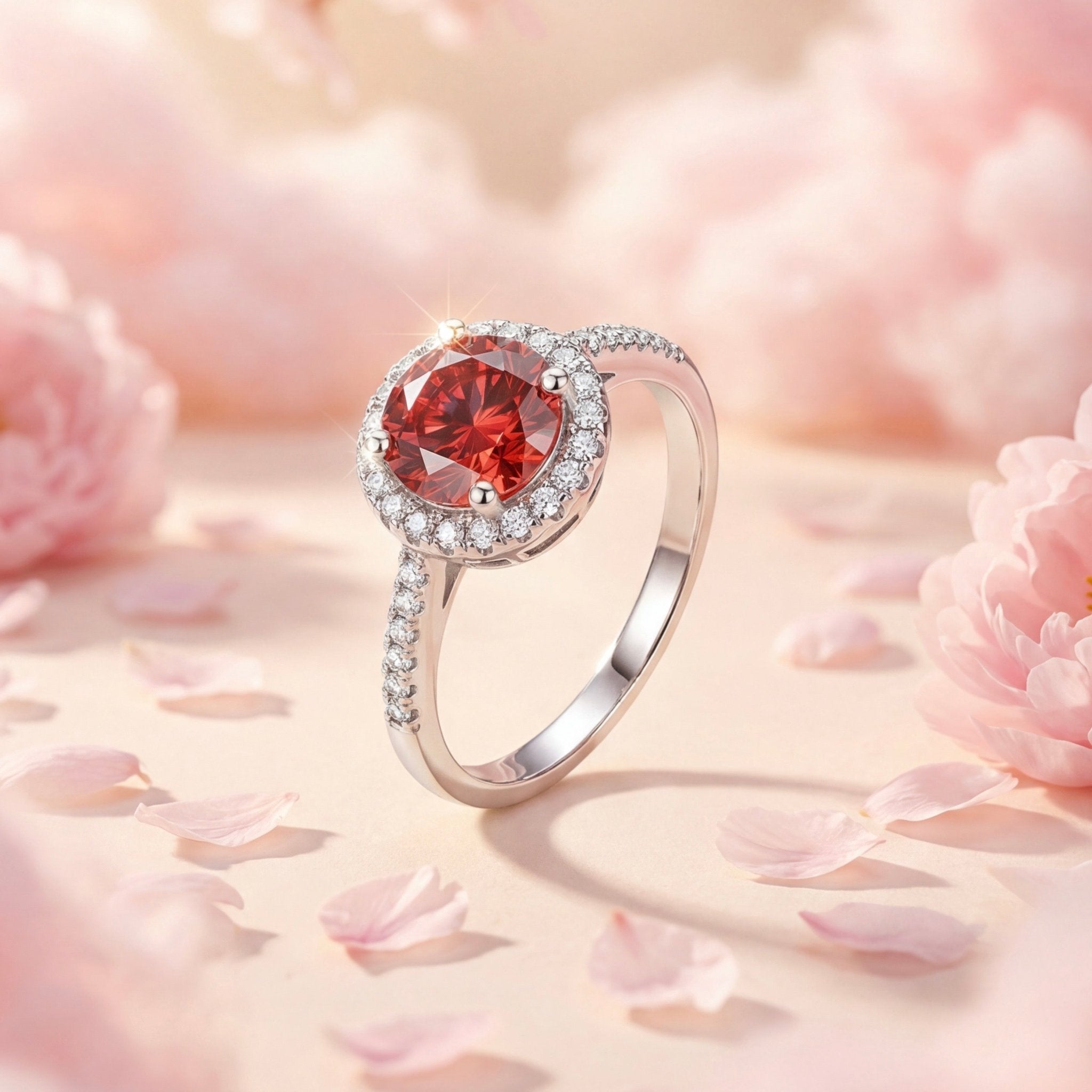 Moissanite Red Halo Ring Luxury Sparkling Statement Piece - bellissi