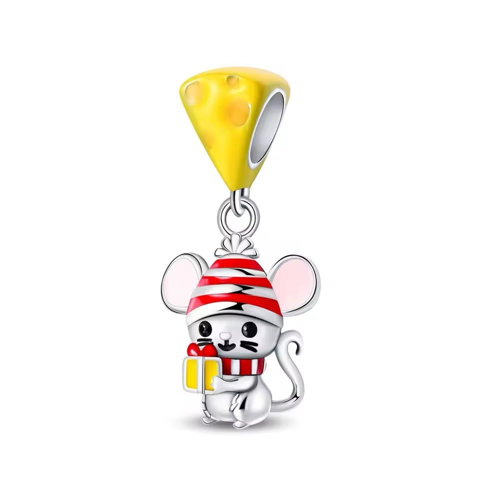 Mouse With Gift & Cheese Dangle Charm - bellissi