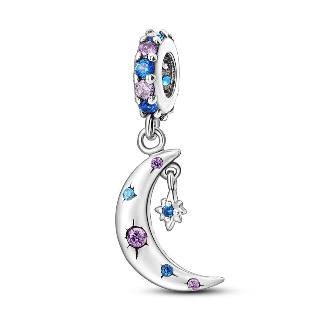 Multicoloured Zircon Moon Star Dangle Charm - bellissi