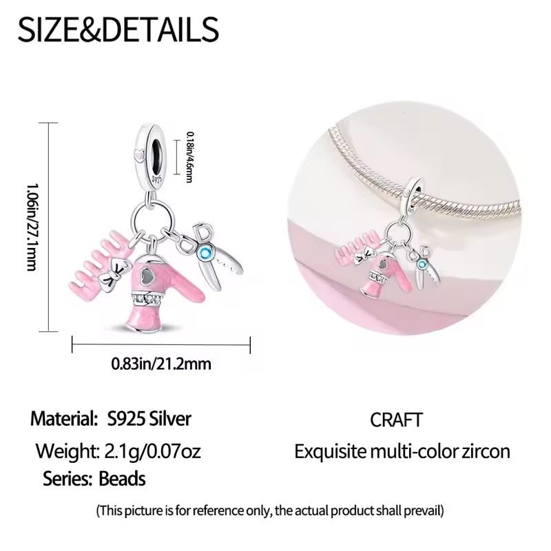 Pink Hairdryer, Comb & Scissors Dangle Charm - bellissi