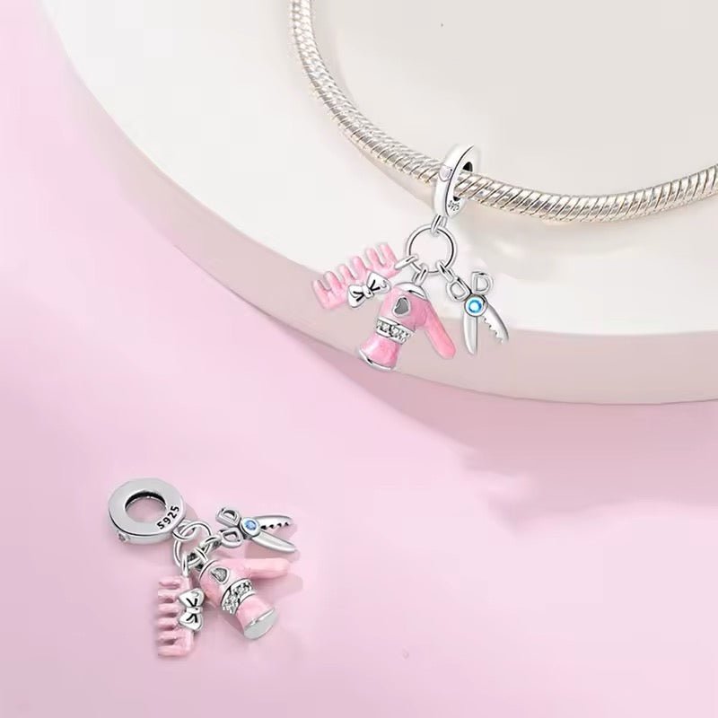 Pink Hairdryer, Comb & Scissors Dangle Charm - bellissi
