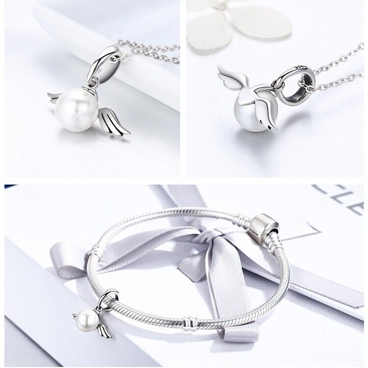 Shell Pearl With Angel Wings Dangle - bellissi