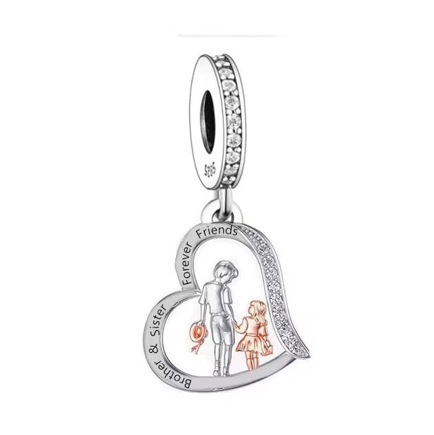 silver Brother and Sister Bond charm bracelet pendant — heart charm symbolizing sibling love