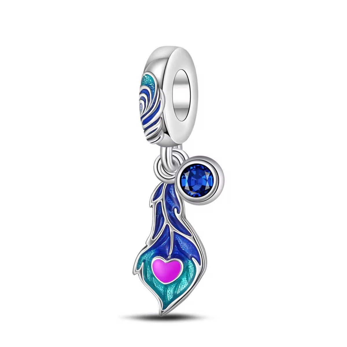 Silver Blue Feather Charm with Crystal Heart - bellissi