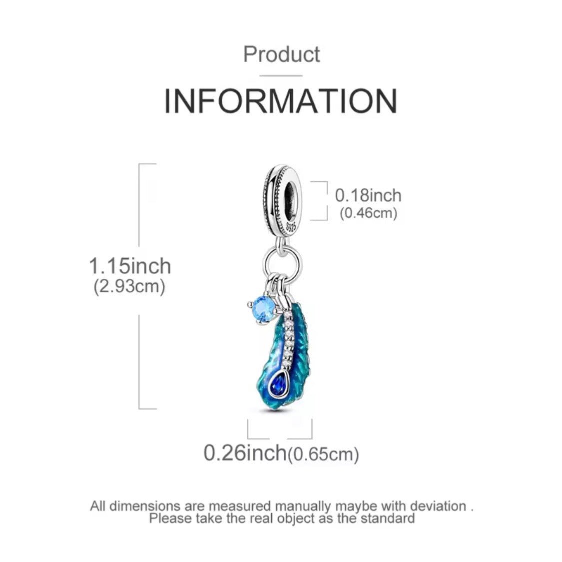 Silver Blue Feather Charm with Crystal Heart - bellissi