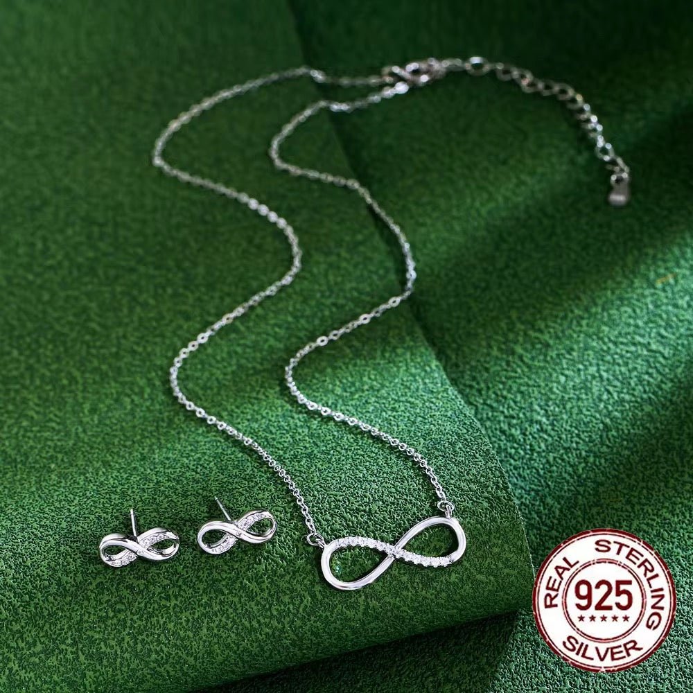 Silver Infinity with Cubic Zirconia Chain Necklace and Earring Set - bellissi