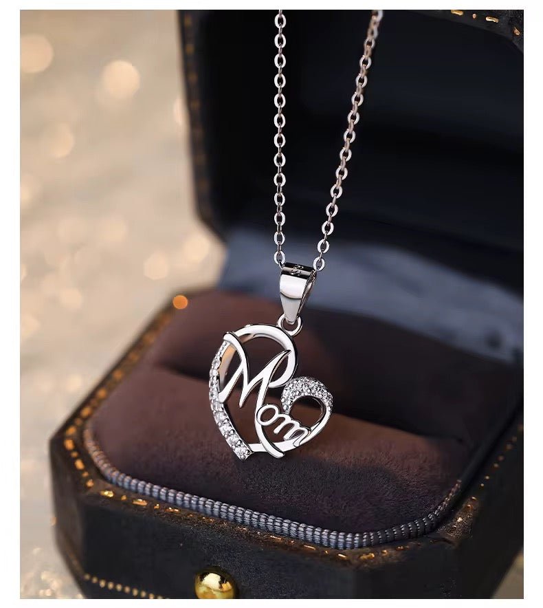 Silver Mom Heart Necklace with Sparkling Crystal - bellissi