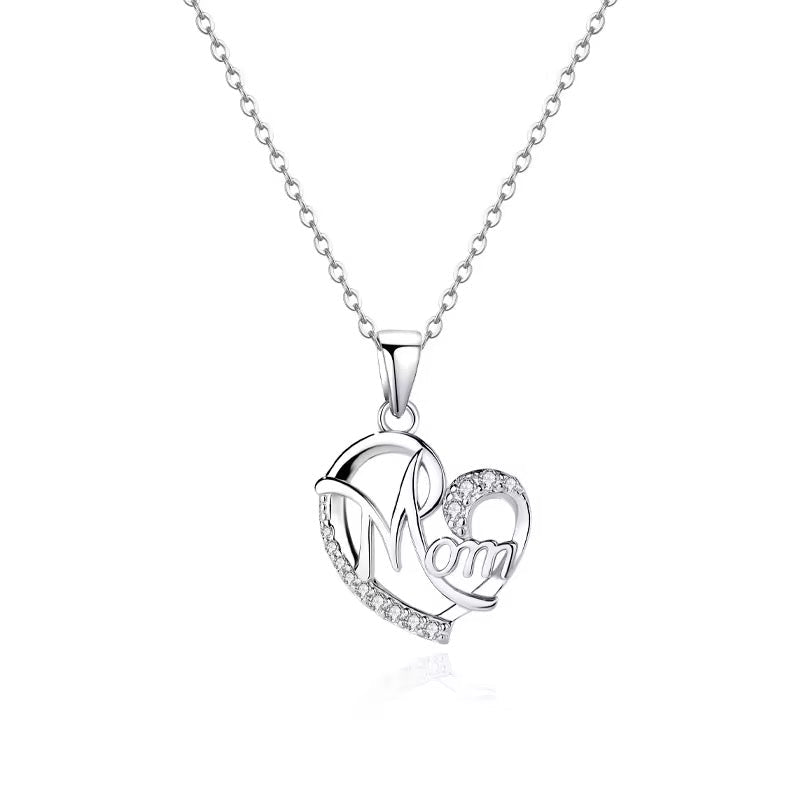 Silver Mom Heart Necklace with Sparkling Crystal - bellissi