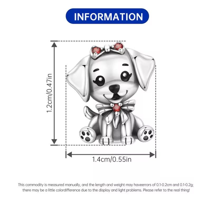 Silver Puppy Charm with Red Bow - bellissi