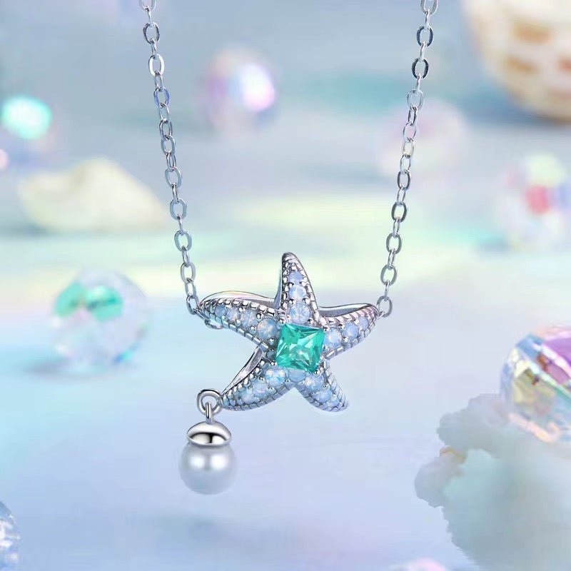 Silver Starfish Charm with Green Crystal & Pearl - bellissi