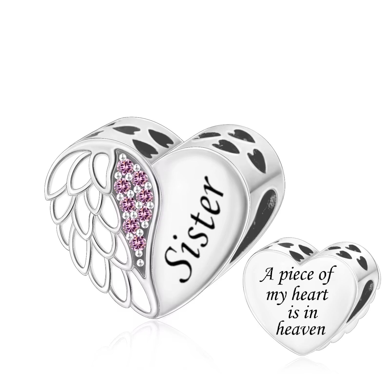 Sister Memorial Heart Charm with Angel Wings - bellissi