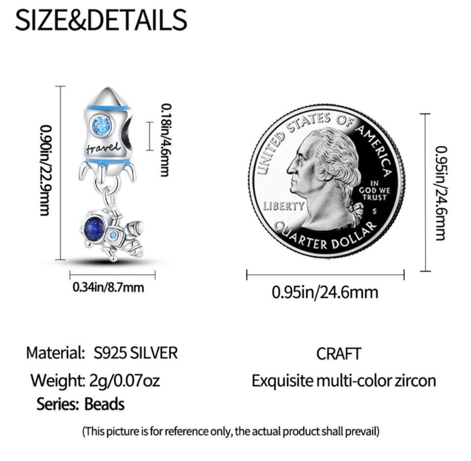 Spaceship Rocket Astronaut Blue Zircon Dangle Charm - bellissi