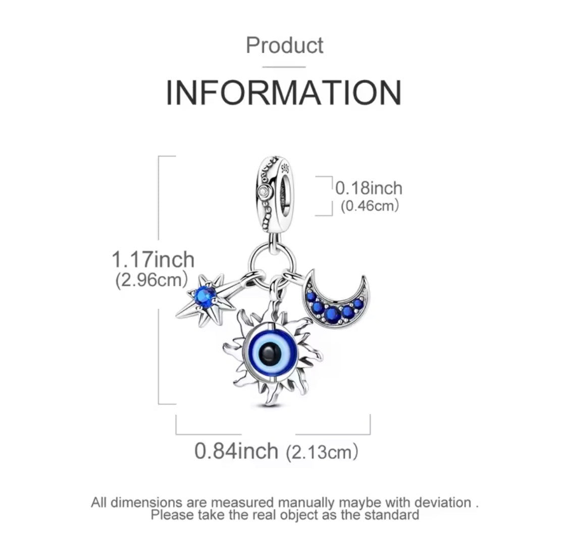 Sterling Silver Evil Eye Sun Moon Star Charm - bellissi