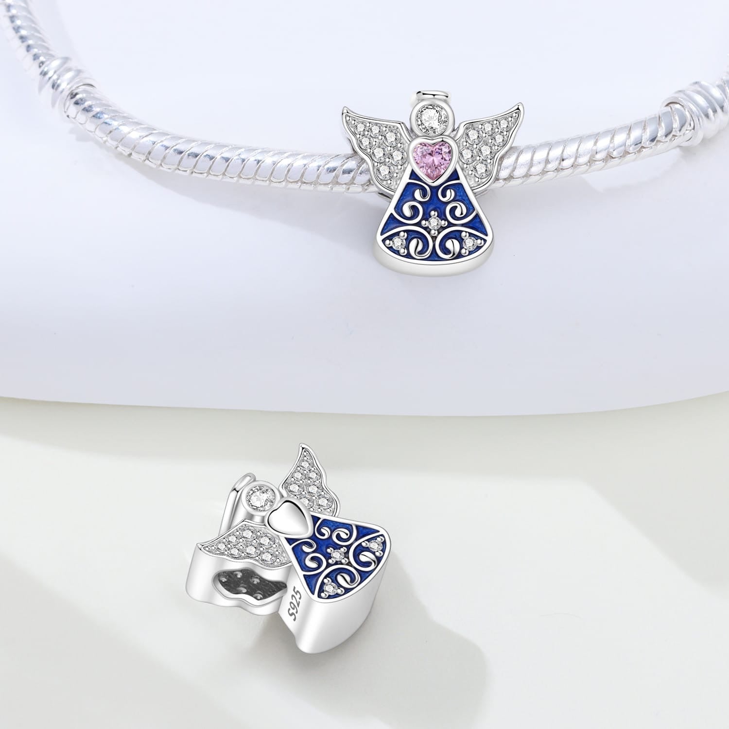 Sterling Silver Guardian Angel Charm with Pink Crystals - bellissi