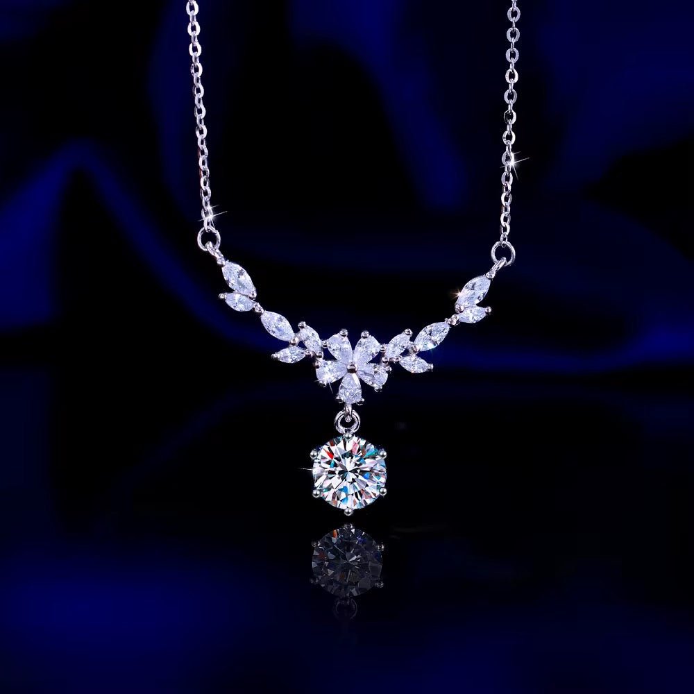 Sterling Silver Leaf Shape Necklace with White Cubic Zirconia - bellissi