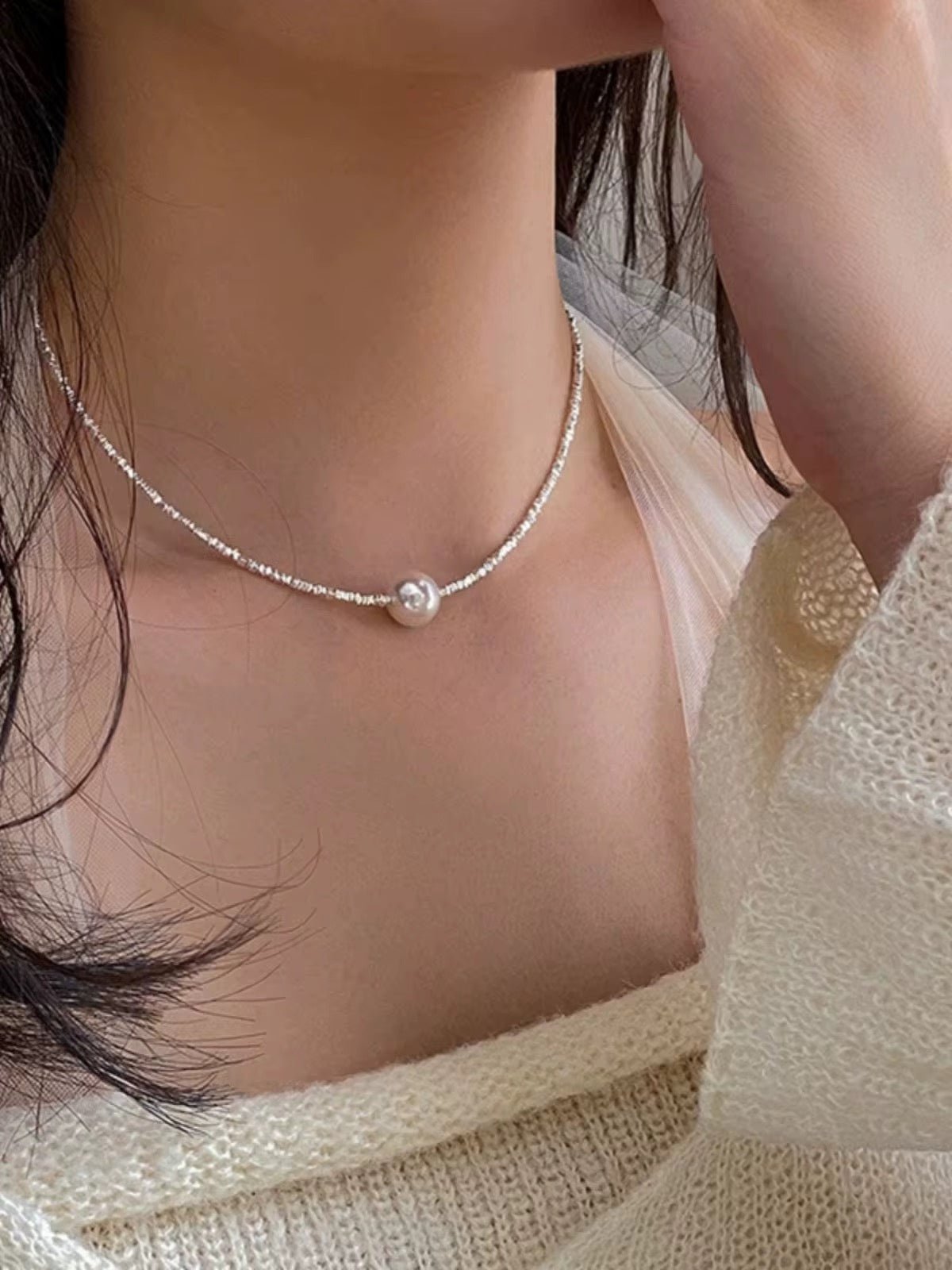 Sterling Silver Pearl Choker Necklace with Sparkling Tennis Chain - bellissi