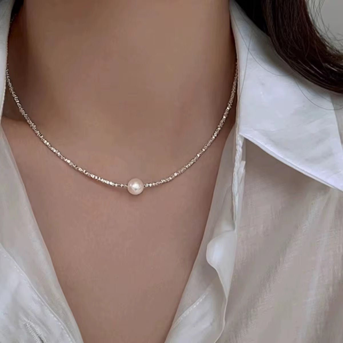 Sterling Silver Pearl Choker Necklace with Sparkling Tennis Chain - bellissi