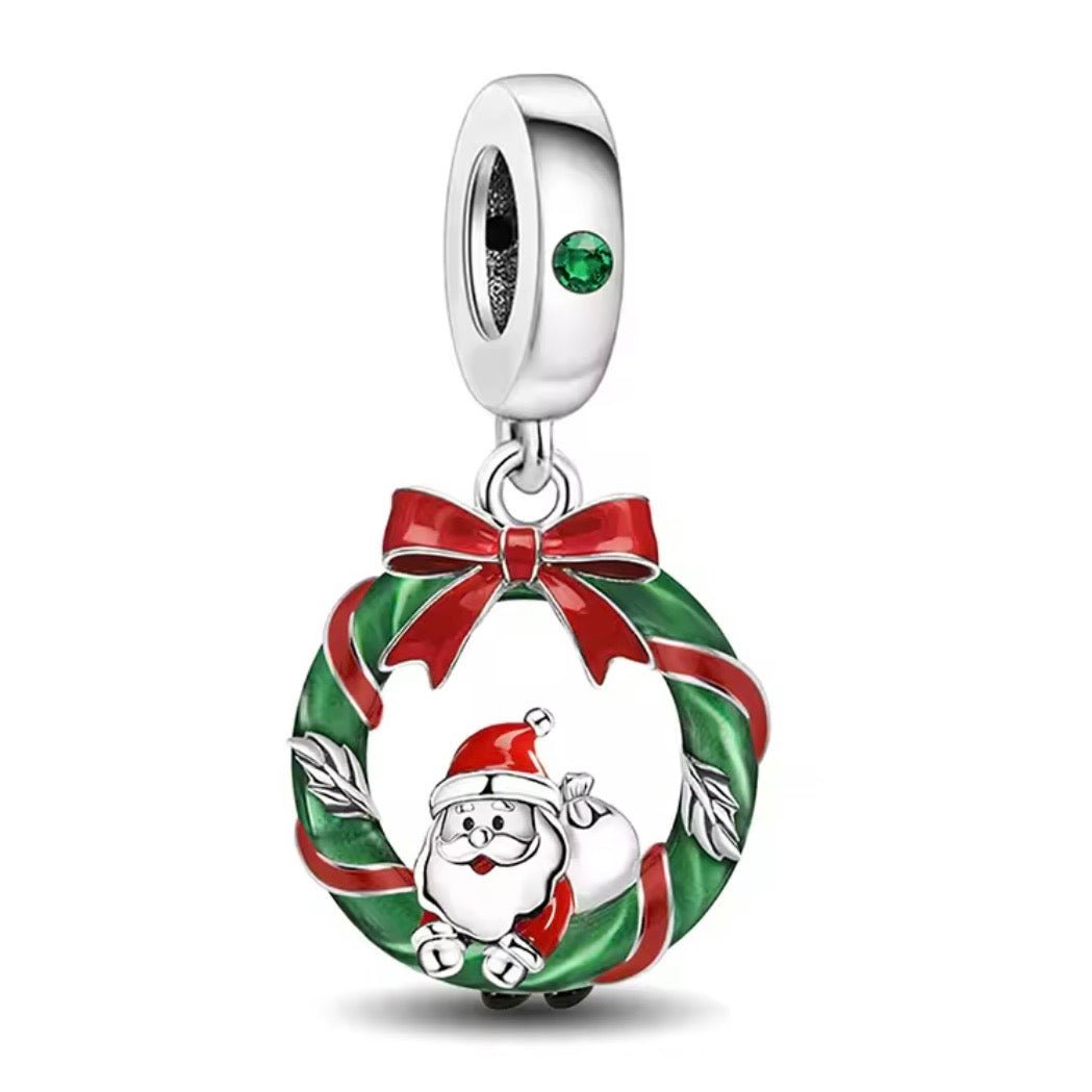 Sterling Silver Santa Christmas Wreath Charm - bellissi