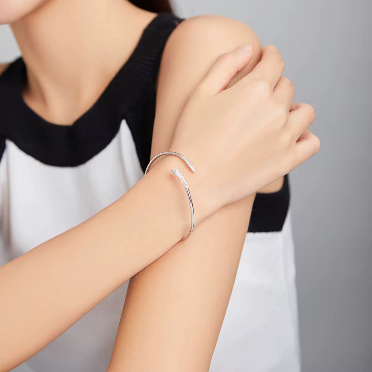 Sterling Silver Snake Bangle Bracelet with Cubic Zirconia - bellissi