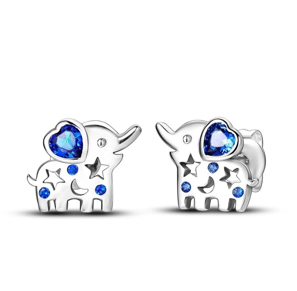 Stud Earrings Elephant With Heart Blue Zirconia - bellissi
