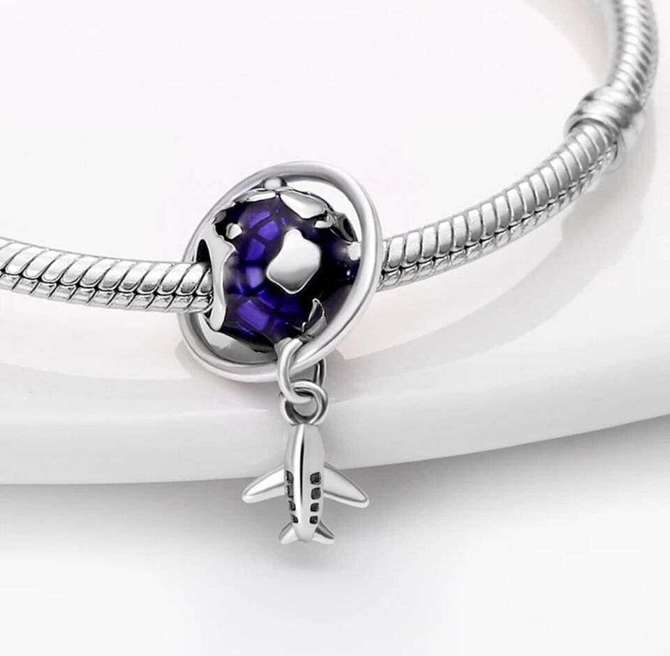 Travel Airplane Blue Globe Earth Dangle Charm - bellissi