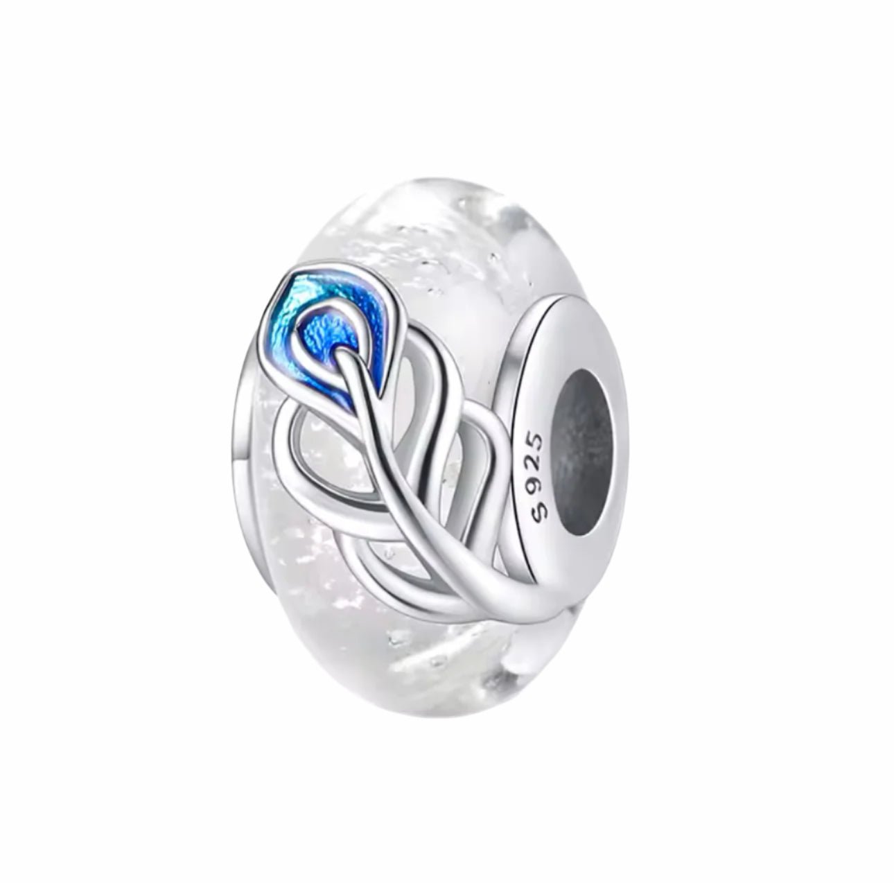 White Murano Glass with Feather Charm - bellissi