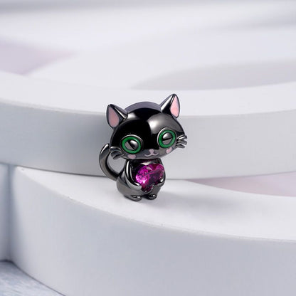 Black Cat With Pink Heart Charm