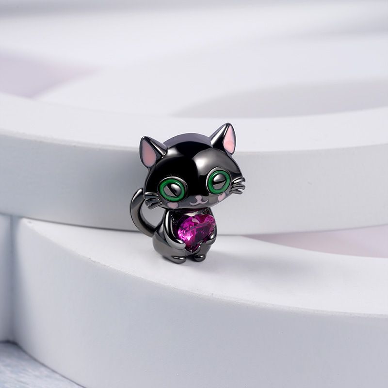 Black Cat With Pink Heart Charm
