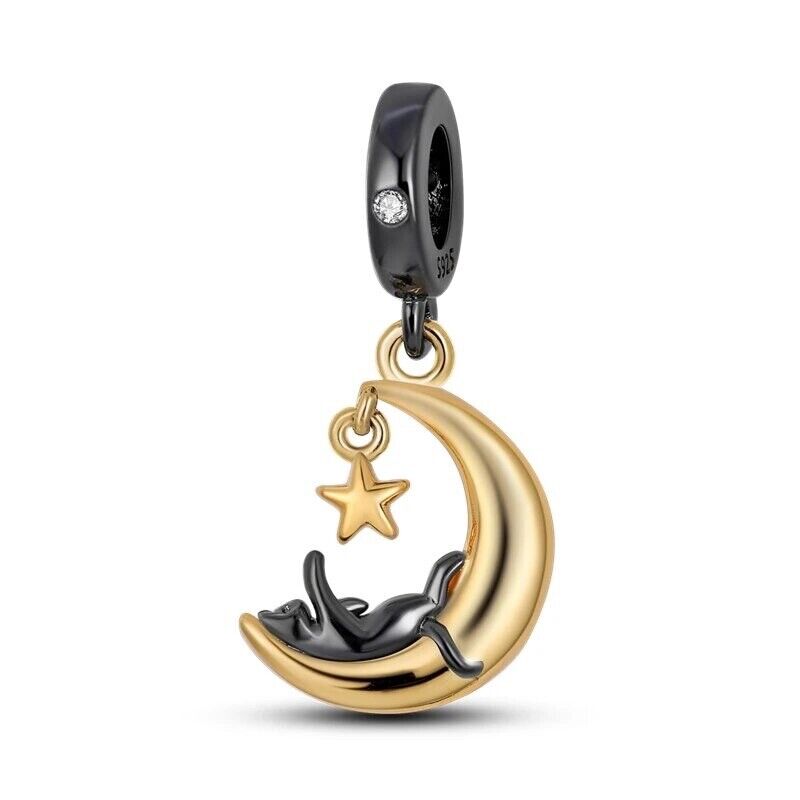 Black Cat Playing with Star on The Moon Charm