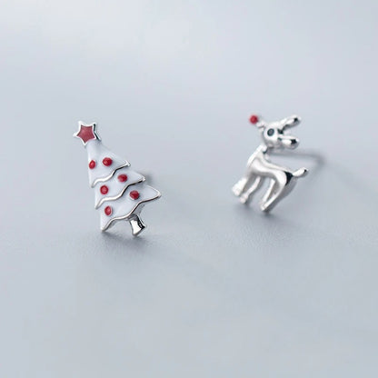 Deer & Christmas Tree  Stud Earrings925 Sterling Silver