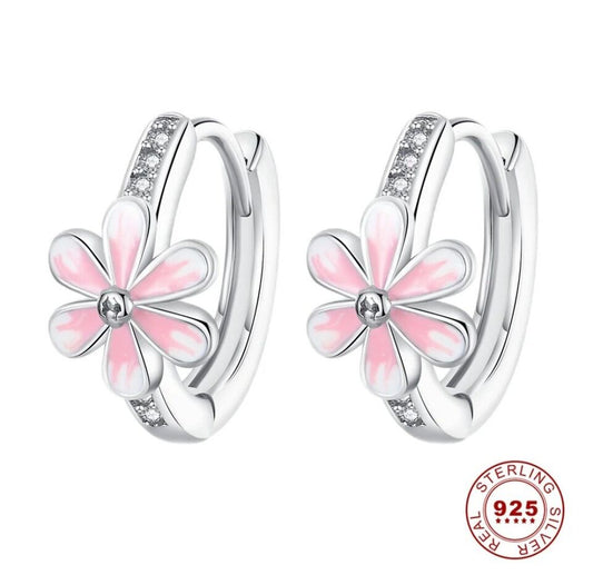 Hoop Earrings Pink Flower With Zirconia