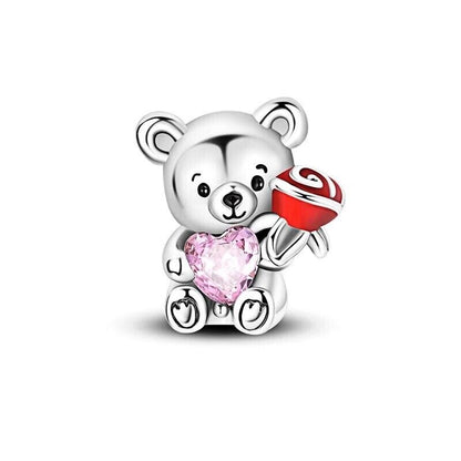 Cute Teddy Bear hold Pink Heart and Rose Flower Charm