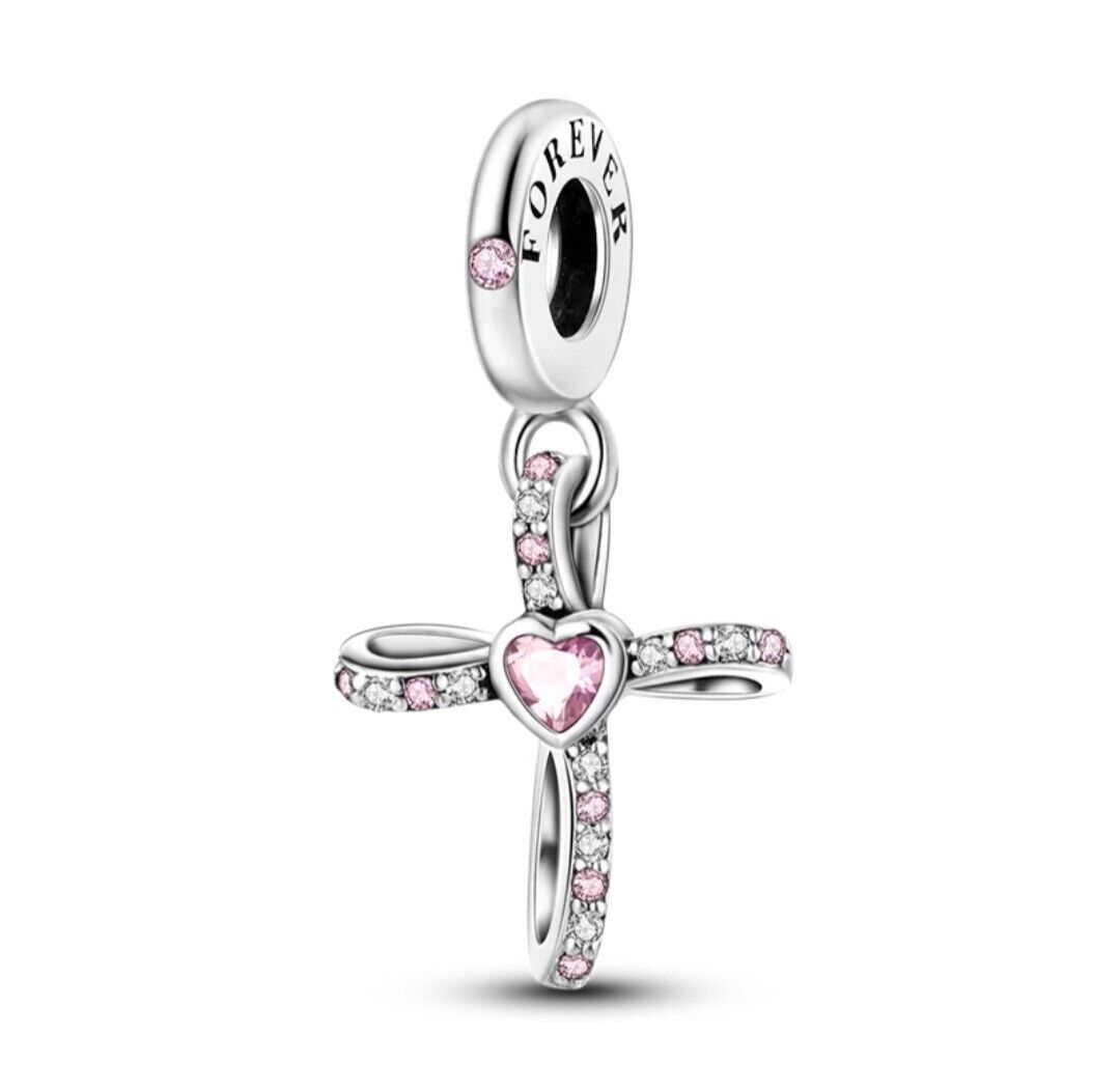 Cross With Pink Zirconia Heart Dangle Charm