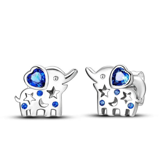 Stud Earrings Elephant With Heart Blue Zirconia