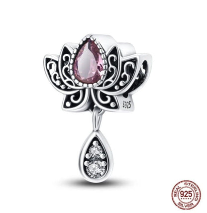 Lotus Flower With Pink Teardrop Zirconia Charm